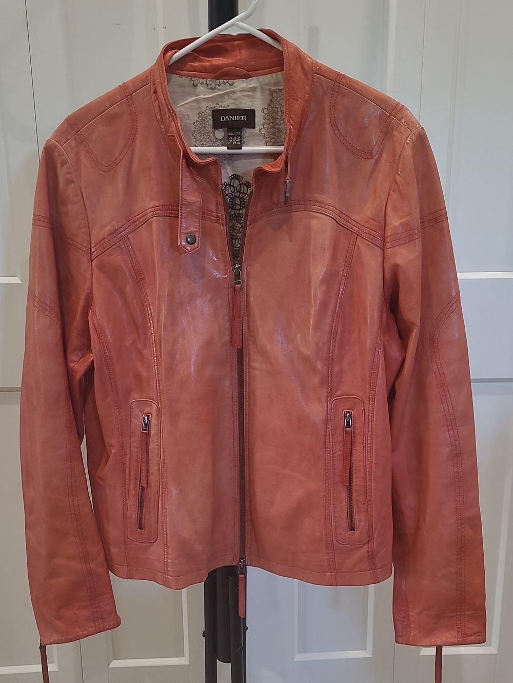 Danier Coral-Orange Leather Zip Front Jacket